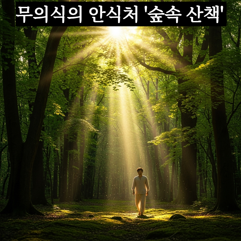 울창한 초록빛 숲 사이로 쏟아지는 햇살을 받으며 평화롭게 산책하는 한국인 남성의 뒷모습을 담은 치유와 풍요로운 분위기의 일러스트