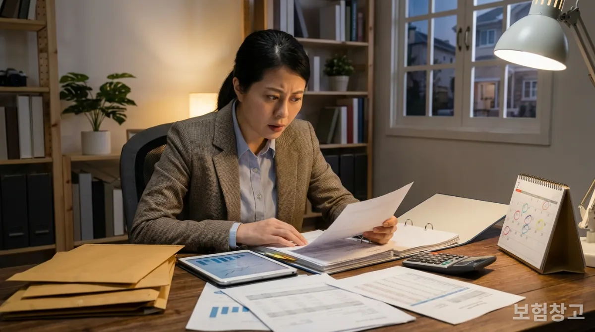 한 한국인이 의료 기록과 보험 서류를 꼼꼼히 검토하며 5세대 실손보험 전환을 고민하는 모습