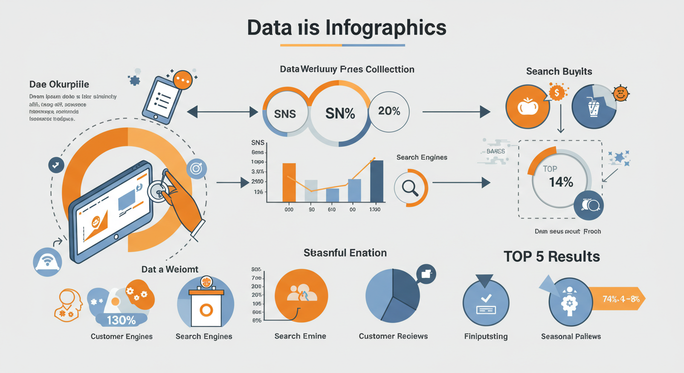 SNS&middot;배달앱&middot;검색량&middot;리뷰&middot;시즌 이슈에서 데이터를 수집하고 정제&middot;가중치&middot;추세 비교를 거쳐 TOP5를 도출하는 인사이트 워크플로 다이어그램