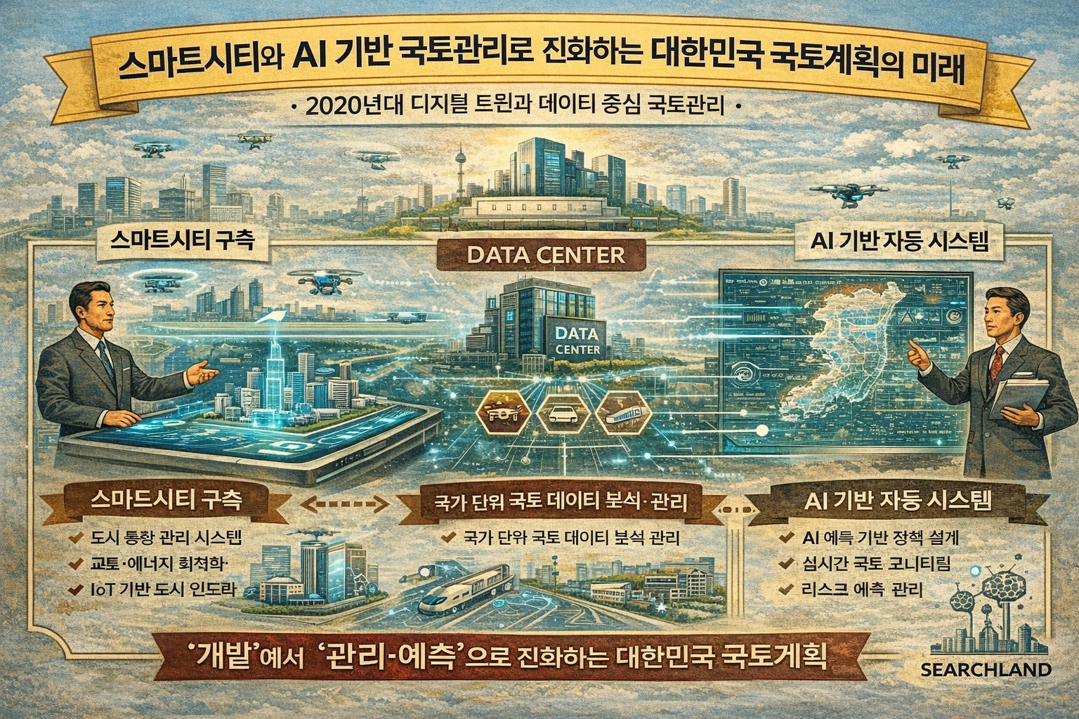 AI&middot;디지털 트윈 기반 스마트시티와 데이터 중심 국토관리로 전환되는 2020년대 대한민국 국토계획의 미래 인포그래픽