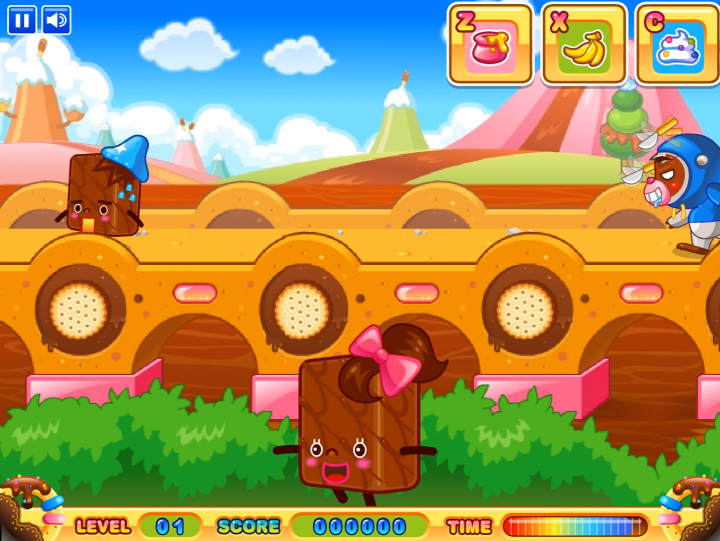 오야스를-구해줘-플래시게임-플레이-원숭이가-초코케이크-오야스-군을-먹기-위해-쫓아가는-화면