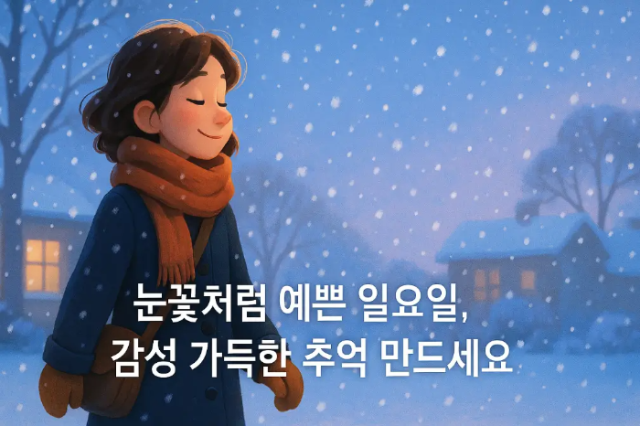 눈 내리는 일요일 인사말-눈오는 길 걷는 여자