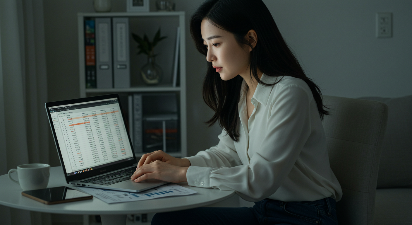 여성이 노트북에서 2025년 7월 주요 은행 아파트 담보대출 금리 순위를 신중하게 비교하는 모습.