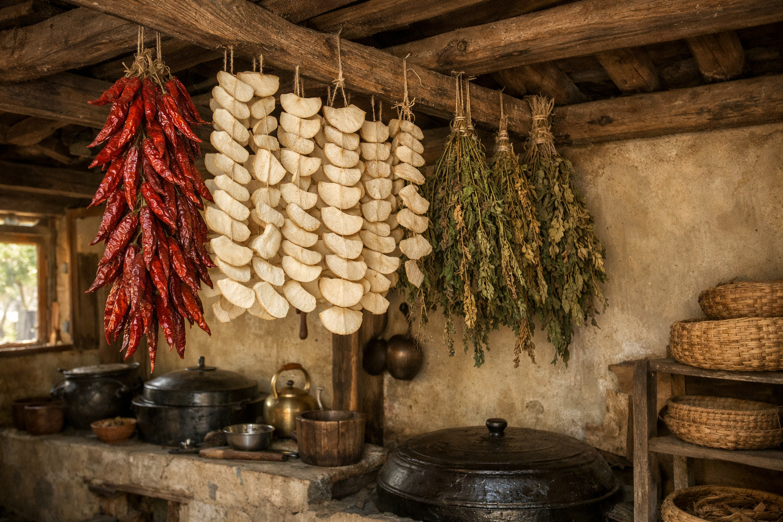 전통 한옥 부엌 근처에 말린 고추와 나물이 걸려 있는 저장 풍경