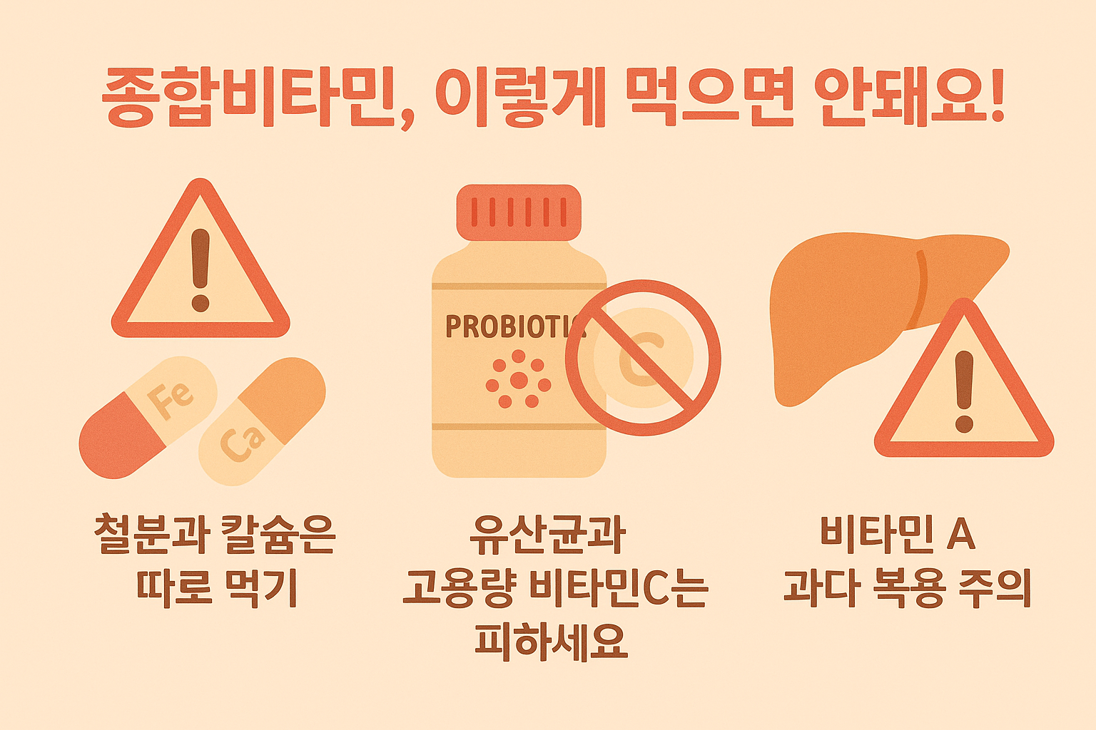 철분과 칼슘, 유산균과 고용량 비타민 C, 비타민 A 과다 복용 등 종합비타민 복용 시 피해야 할 궁합을 설명한 주의 인포그래픽입니다.
