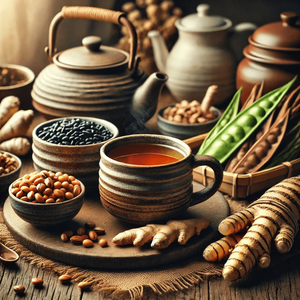 생강, 메밀 등 다양한 차 재료가 그릇에 담겨있는 이미지