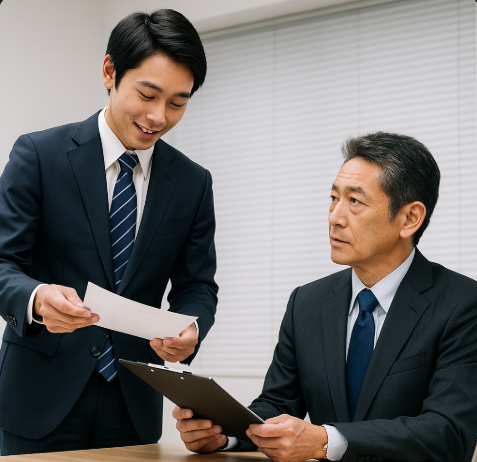 상사에게 업무 진행상황을 보고하는 모습입니다.