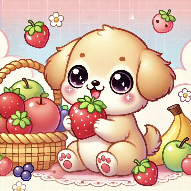 과일을 좋아하는 강아지를 표현한 사진