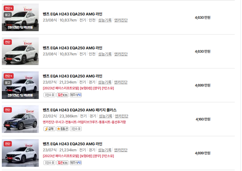 벤츠 EQA 중고차 가격 시세표 유지비