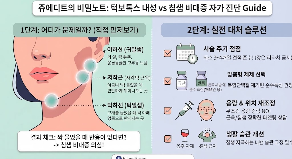 귀밑샘, 저작근, 턱밑샘 위치를 직접 만져보며 침샘 비대증을 확인하는 1단계 자가진단과 실전 대처 솔루션을 담은 쥬에디트 가이드 이미지