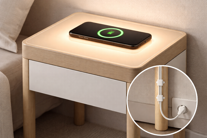 무선 충전과 배선 정리 기능이 내장된 스마트 모듈 가구.