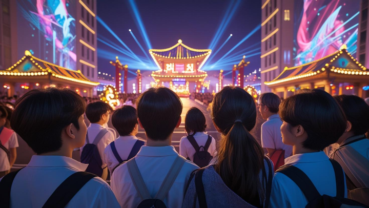 엑스포에서 펼쳐지는 화려한 야간 퍼레이드나 미디어 쇼를 관람객들이 감탄하며 바라보는 뒷모습.