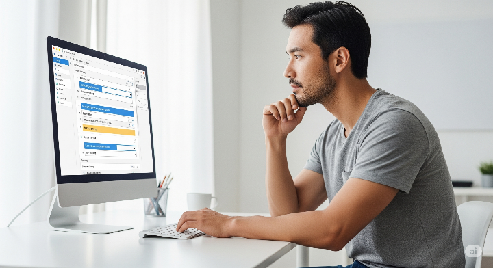 남성이 블로그 글쓰기 프로그램을 보며 SEO 키워드 배치를 고민하는 모습