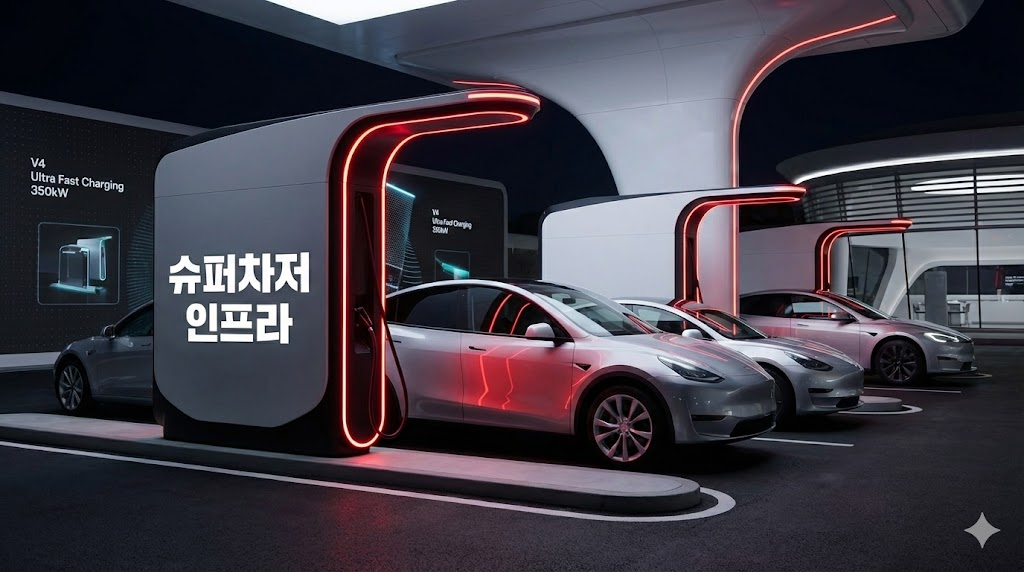 테슬라 슈퍼차저 V4 인프라와 초고속 충전 스테이션의 야경 모습