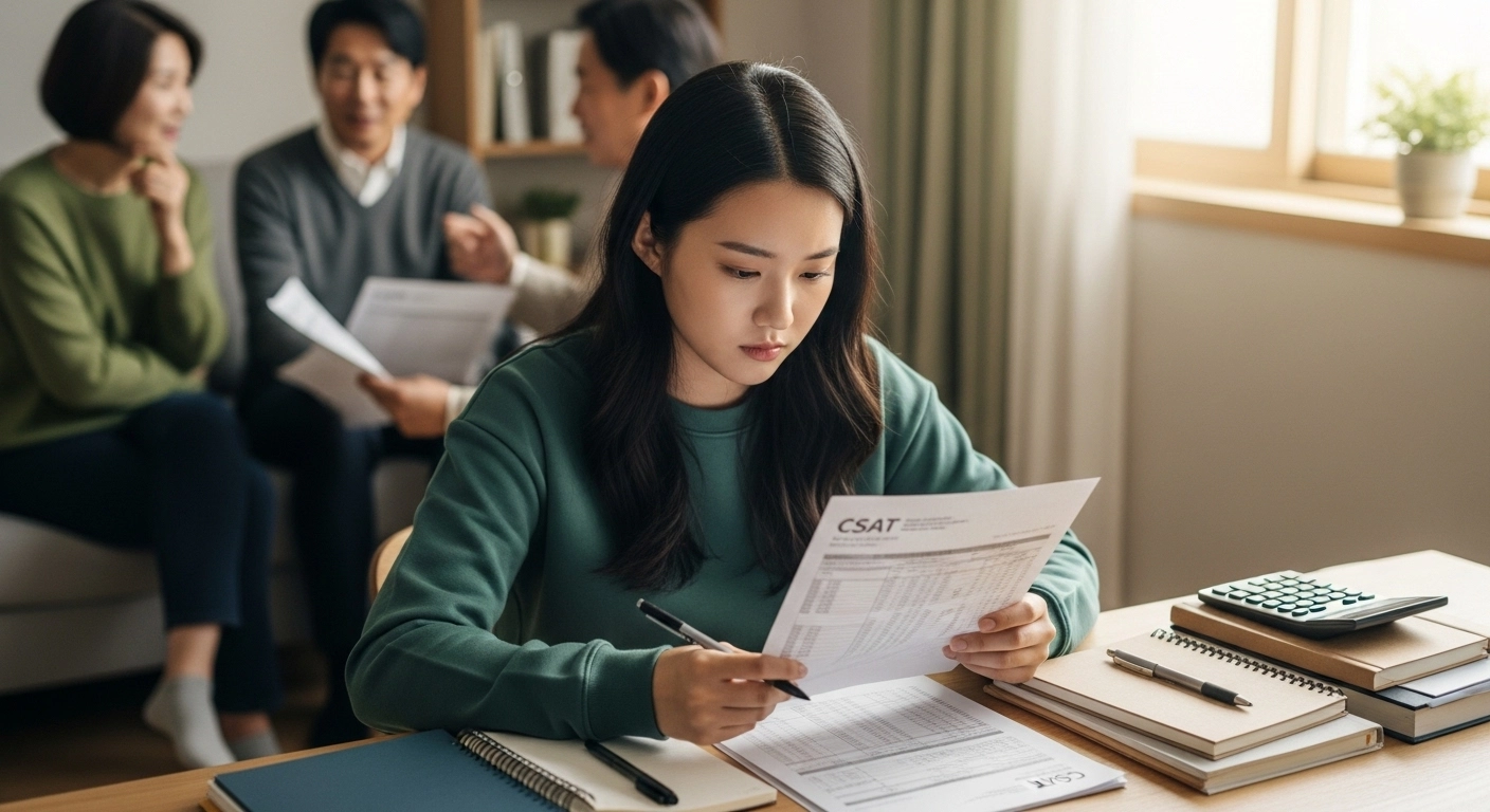 부모님과 함께 수험생이 성적표를 보며 점수를 분석하는 장면