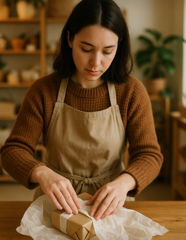고객의 첫인상에게 잘 보이도록 포장지로 제품을 포장하는 자영업자