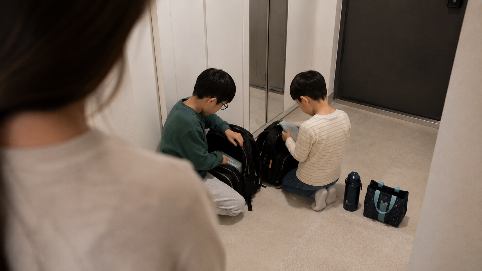 현관에서 학교 준비물을 챙기는 아이들
