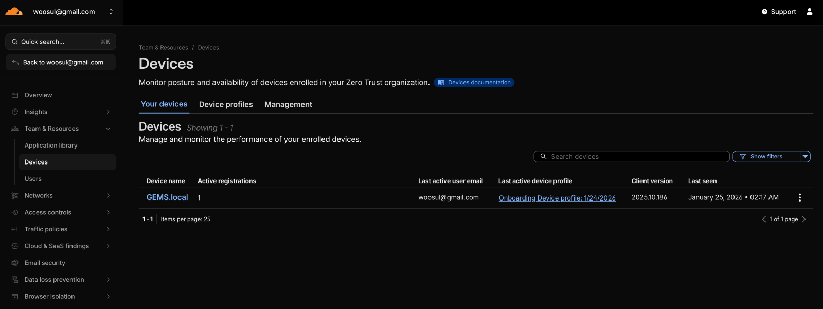 WARP Client를 통해 로그인에 성공한 장치의 목록을 확인할 수 있습니다.