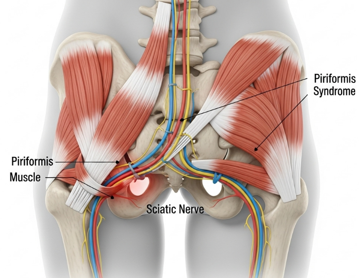 엉덩이 깊숙한 곳에 위치한 이상근과 그 아래 지나가는 좌골 신경