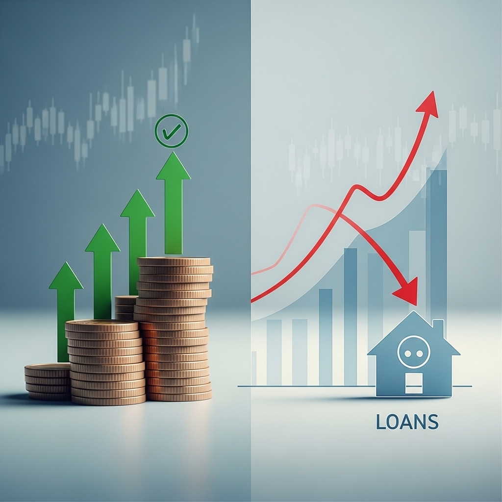 2025년 금리 인상에 따른 대출 이자 부담과 예금 수익 증가를 시각적으로 보여주는 경제 지표와 동전 스택 이미지.