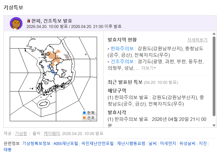 한파특보 발령: 2026년 4월 하순 역대급 한파주의보, 강원&middot;충남&middot;전북 기온 급락 및 황사 주의보