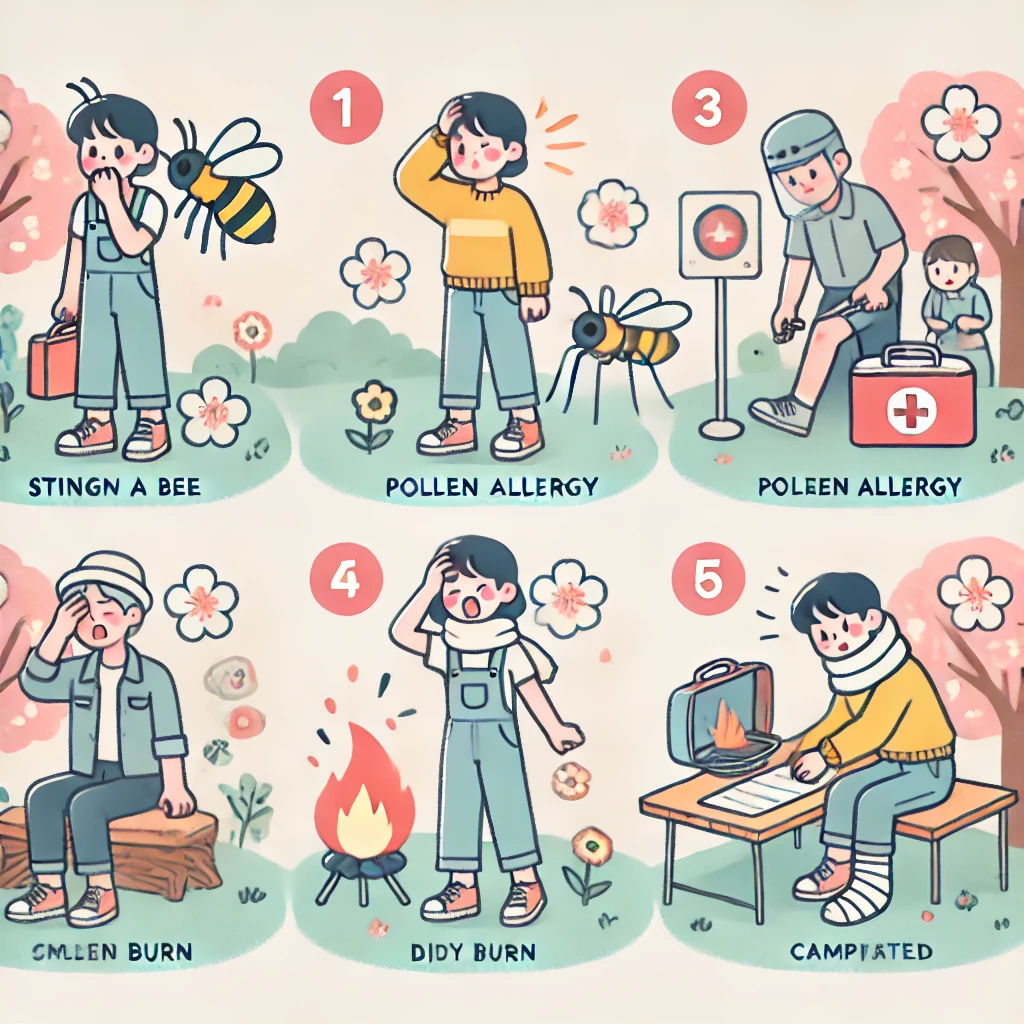 봄철 야외활동 상황에서 응급처치 상황 묘사