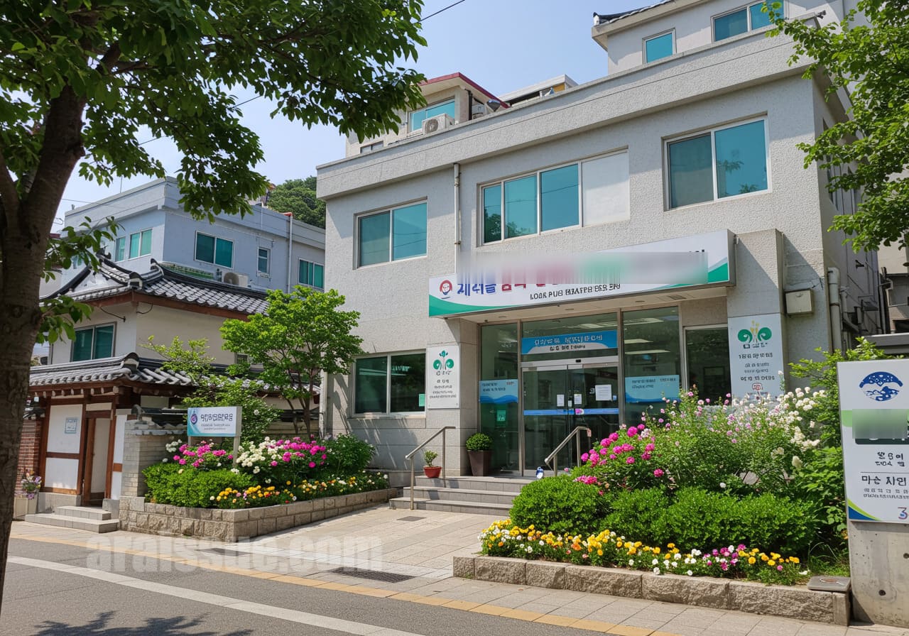 아토피 상담과 지원 사업이 운영되는 지역 보건소 건물 외관이 낮에 촬영된 장면으로, 실제 거주지 근처의 접근성을 보여줍니다.