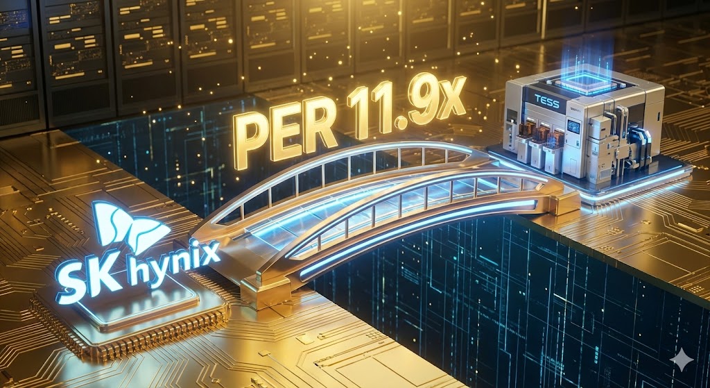 SK하이닉스 로고와 테스의 장비가 연결된 이미지 위로 'PER 11.9배 저평가' 문구가 강조된 그래픽