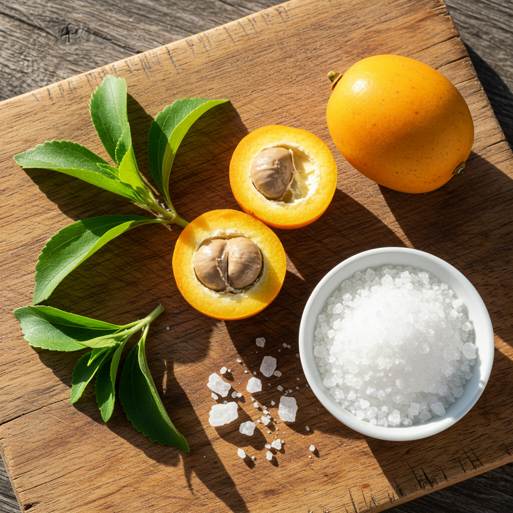 스테비아 잎, 나한과(몽크프루트), 에리스리톨 결정이 나무 보드 위에 자연광을 받으며 건강하게 놓여있는 이미지.