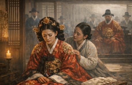 세종 시대 왕세자빈 순빈 봉씨가 궁궐에서 심문과 폐출 위기를 맞는 장면을 재현한 조선시대 궁중 삽화