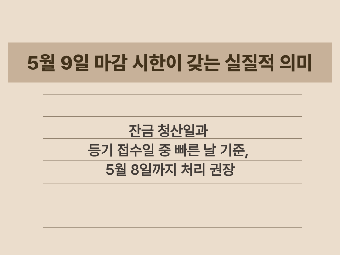 양도세 혜택을 위한 잔금 처리 마감 기한 및 주의사항 요약 카드
