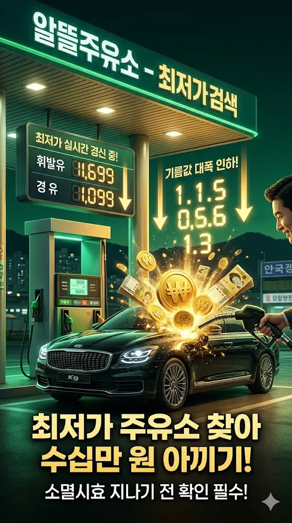 중동전쟁 국제 유가 폭등 시기에 오피넷 실시간 조회를 통해 전국 최저가 주유소를 찾아 자동차 유지비를 절감하는 오너드라이버의 주유 모습