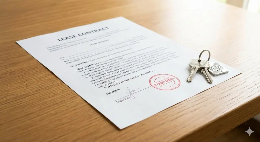 전세 계약서 위에 도장과 열쇠가 놓인 깔끔한 이미지