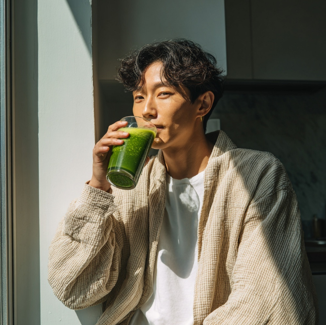 케일 녹즙을 아침에 마시는 남성