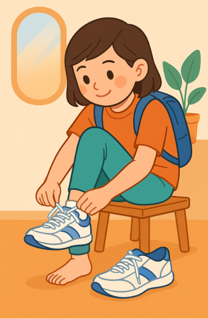 성장기 아이가 발 건강을 위해 신발을 신는 장면