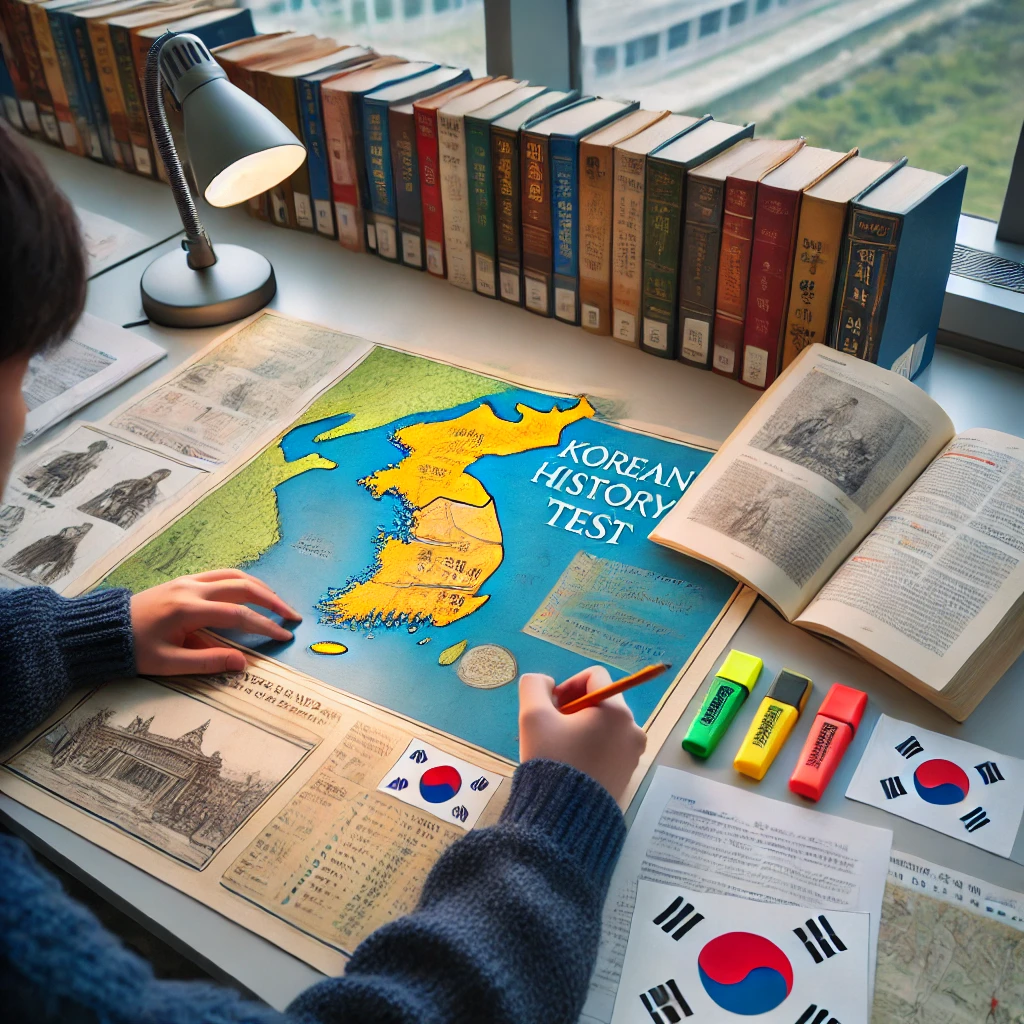 조용한 학습 공간에서 한국사 능력 검정시험을 준비하며 역사 지도를 해석하는 학생. 책상에 노트와 형광펜이 정돈되어 있는 모습