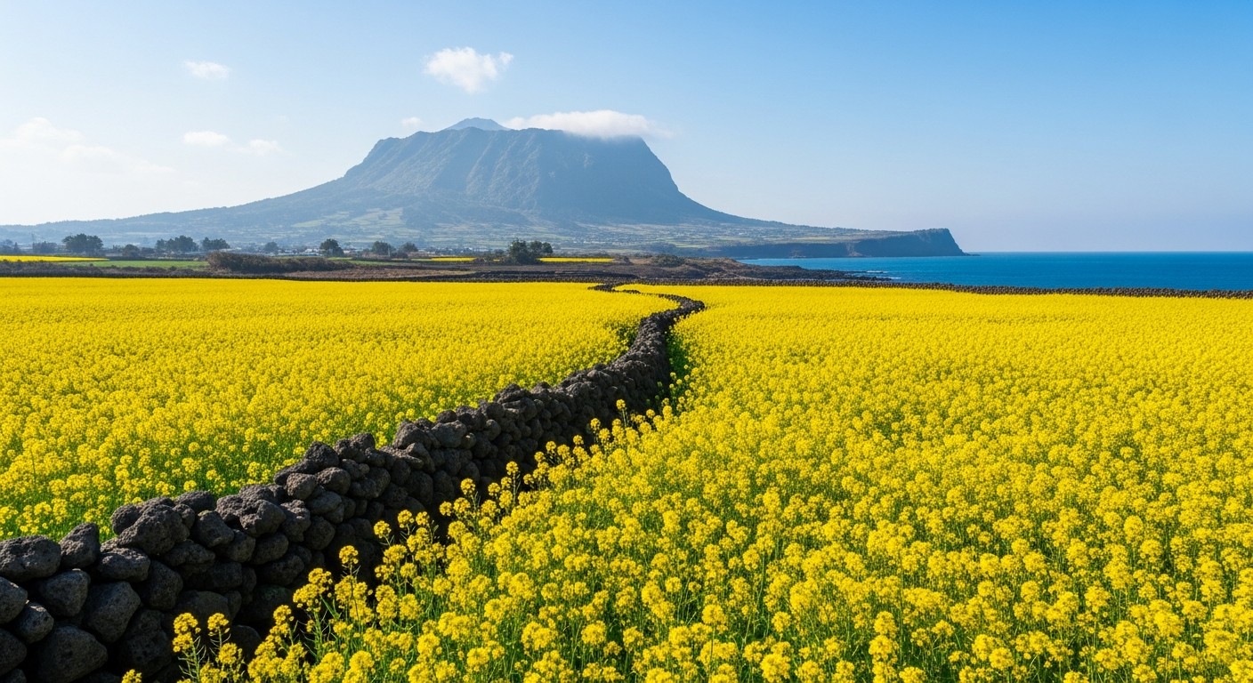 성산일출봉과 어우러진 제주 성산 노란 유채꽃밭