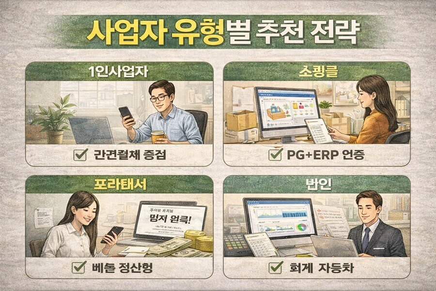 사업자 유형별 추천 전략/1인사업자/쇼핑몰/프리랜서/법인