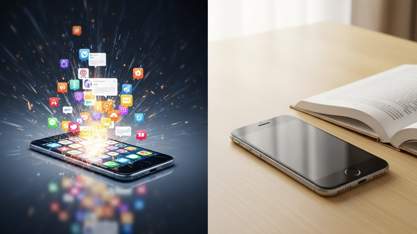 끊임없는 알림의 소음과 고요한 휴식 상태의 스마트폰을 대비시켜 보여주는 이미지