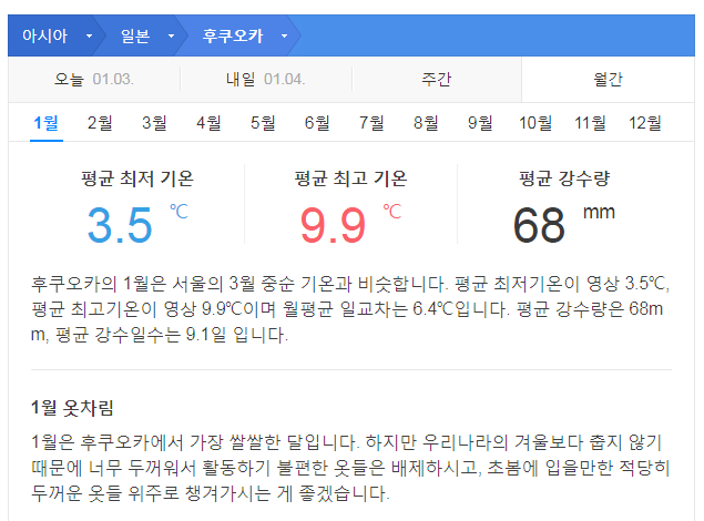 일본 규슈 1월 날씨 옷차림 추천 여행지