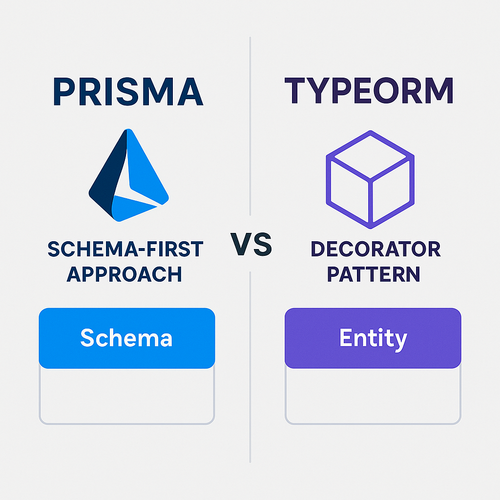 Prisma vs TypeORM architecture comparison diagram showing schema-first and decorator pattern approaches