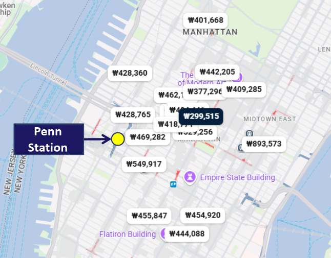 맨하탄 숙소 및 Penn Station 위치 정보가 담긴 지도입니다.