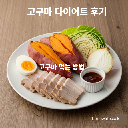 삶은 고구마와 삶은 계란, 돼지고기 수육, 양배추와 양파가 함께 담긴 다이어트 식단