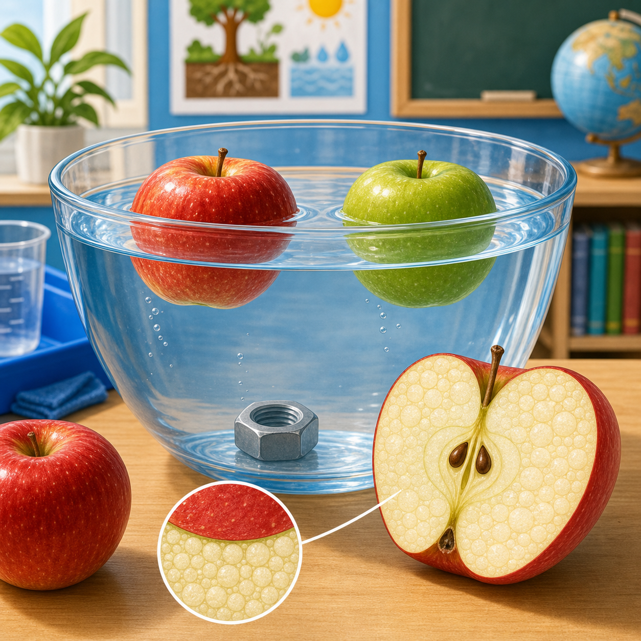 Educational illustration of apples floating in a bowl of water with air spaces shown