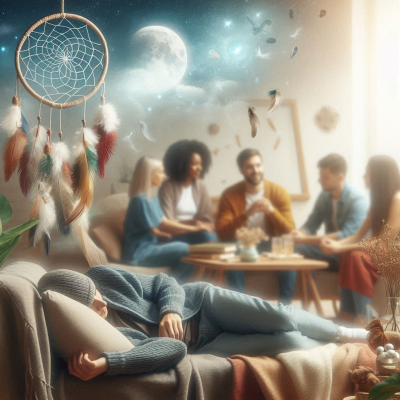 꿈 해석에 대해 대화하는 사람들과 편안히 쉬는 모습이 포함된 장면입니다.