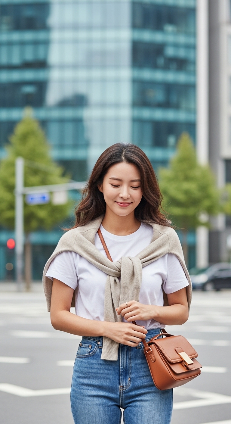 한국 녀 어깨에 가디건을 가볍게 두른 스타일링 예시