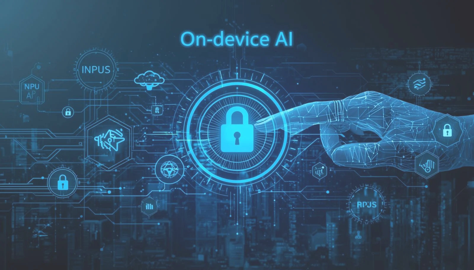 온디바이스 AI가 스마트폰과 기기 내부에서 NPU를 통해 로컬로 작동하는 구조를 표현한 이미지