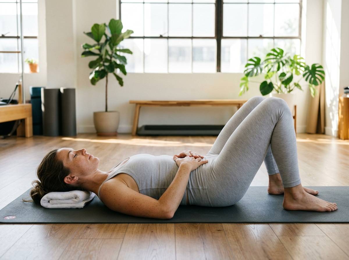 편안하게 누워 골반저근을 수축하며 골반의 중립을 유지하는 정밀한 실사 이미지