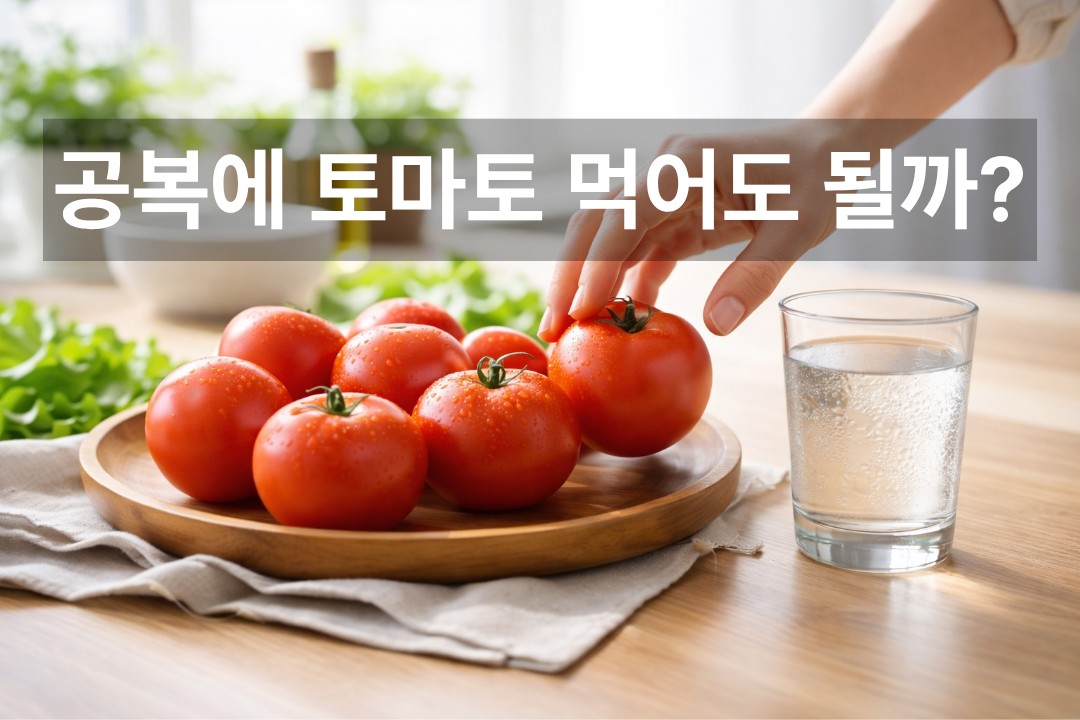 공복 토마토 섭취를 주제로 한 블로그 대표이미지로, 아침 식탁 위 토마토와 물컵, 손이 함께 보이는 사진