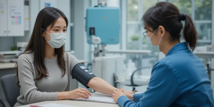 병원에서 혈압 측정하는 여성 모습